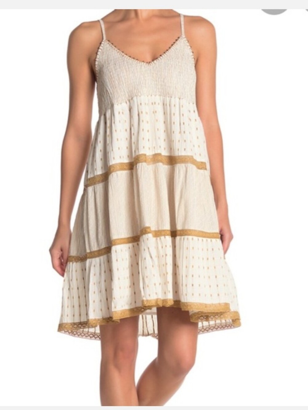 Raga Hazel Gold/Cream Tiered Cotton Smocked Sundress Size Small